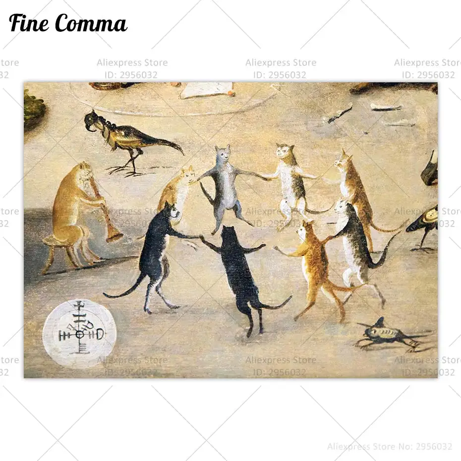 Circle Dance Medieval Print Vintage Poster Canvas Print Eight Cats Dance Dinosaur Bird Unicorn Frog Animal Wall Art Home Decor