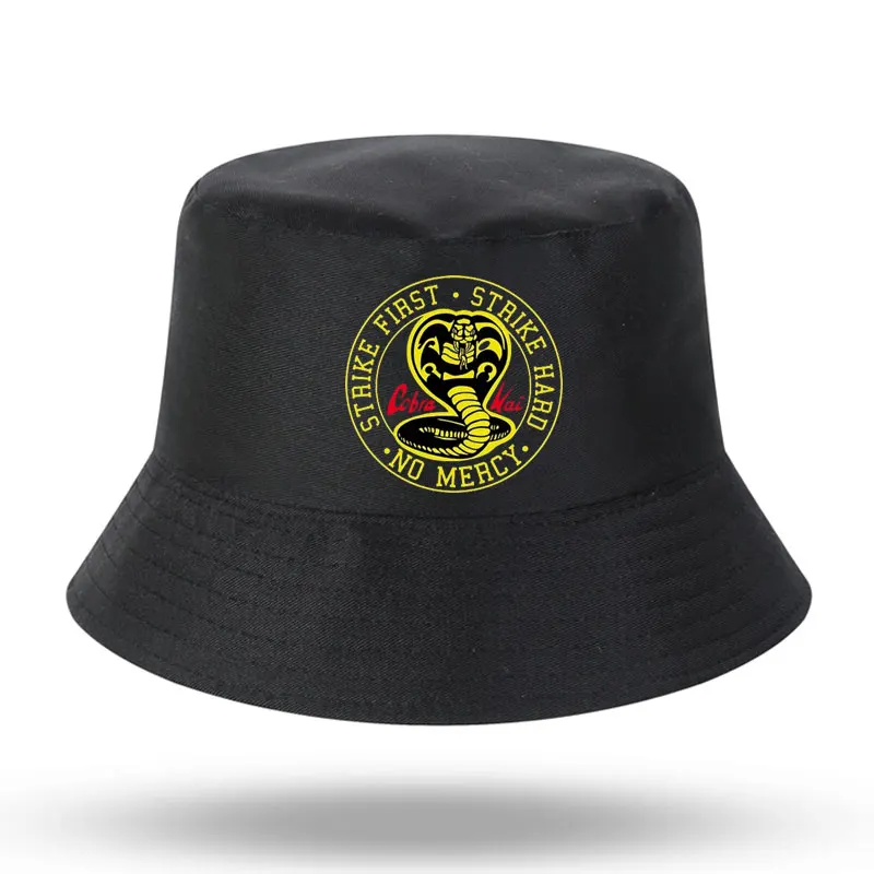 Cobra Kai No Mercy Strike First Strike Hard Print Men Women Bucket Hat Outdoor Panama Fishing Cap Fisherman Hat Fishing Hat