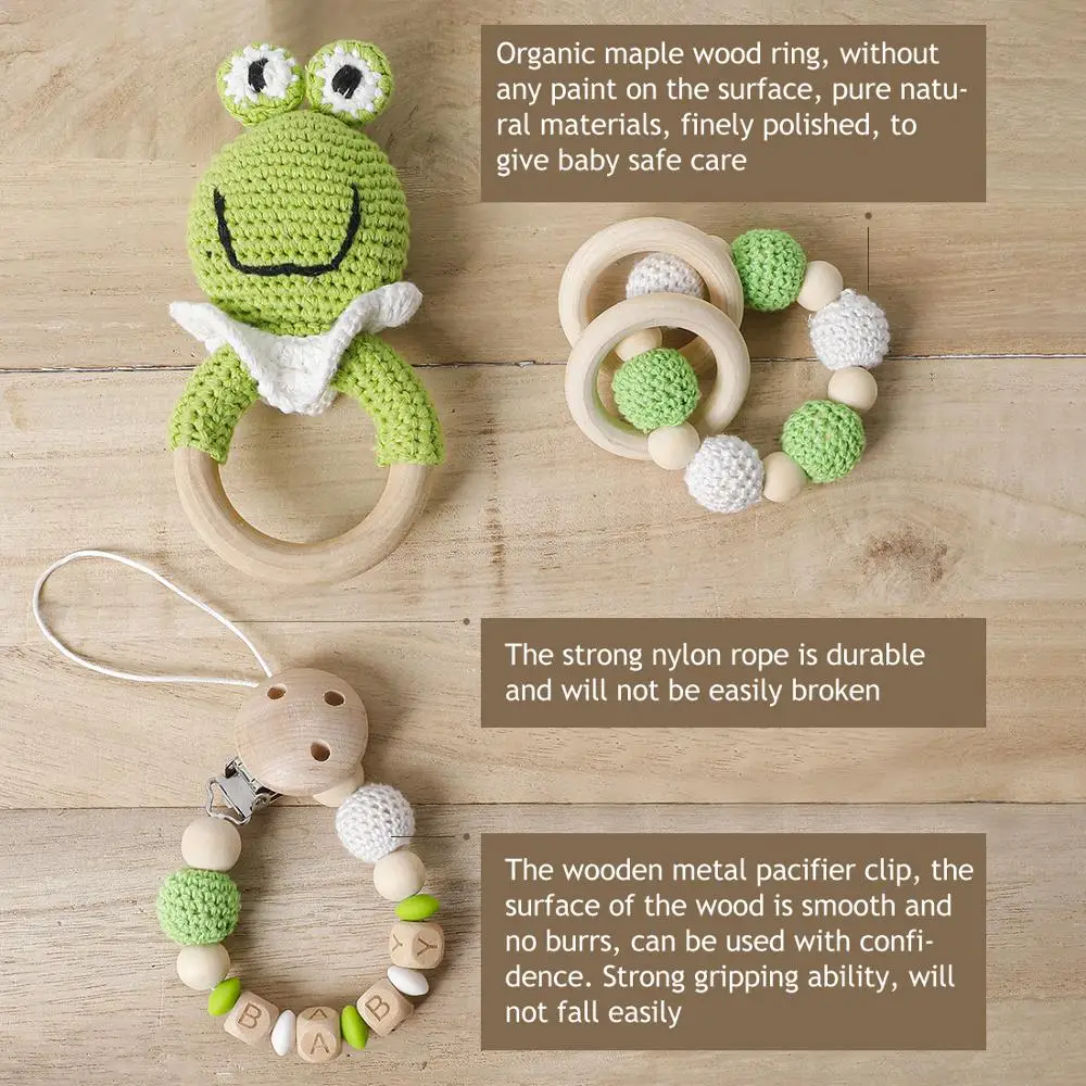 1Pc Baby Wooden Rattles Plush Crochet Giraffe Animal Music Bell Personalized Pacifier Chain Clip Teething Bracelets Newborn Toys