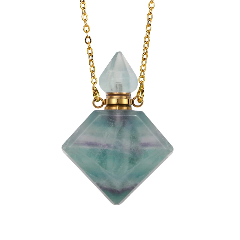 

SHINYGEM Hot Selling Natural Gemstone Square Perfume Bottle Pendant Gold Plated Chain Crystal Quartz Essential Oil Necklace 2020