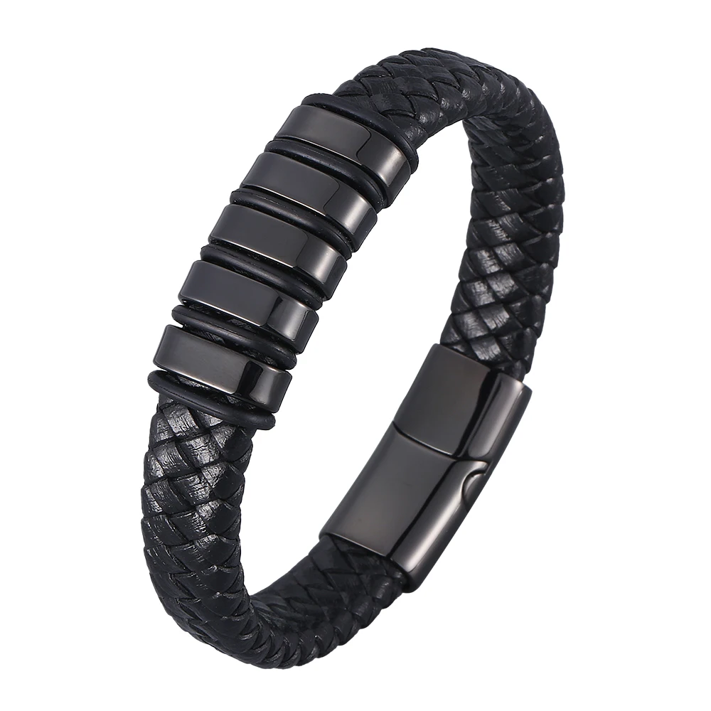 

Black Men Bracelet Braided Leather Bracelet Stainless Steel Magnetic Clasp Charm Bangles Jewelry Gift BB0981