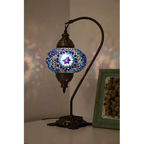 

Mosaic SWAN Neck Table Lamps Handmade Unique English Tiffany Moroccan Night Art Home Decor Light Lampshade Bedside Gift Boho Lan