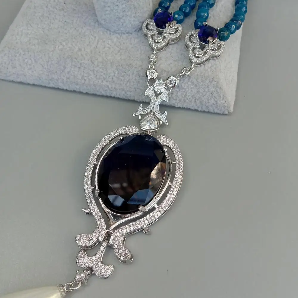 Y·YING 2 Rows Blue Agate Necklace Blue Crystal White Sea Shell Pearl Pendant 19\
