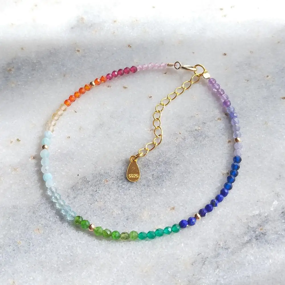 

LiiJi Unique Small Rainbow Healing Stone 925 Sterling Silver Gold Color Adjustable Bracelet For Women Girls Jewelry