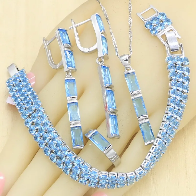 Sky Blue Semi-precious  Jewelry Sets for Women Bracelet Long Earrings Rings Necklace Pendant Gift Box