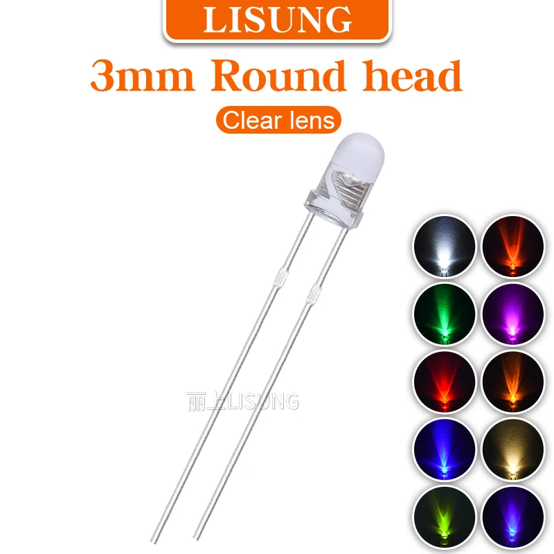 100pcs/bag 3V 3mm Led Round Water Clear Green Yellow Blue White Uv Red Leds Light Lamp Emitting Diode Dides Diy Kit