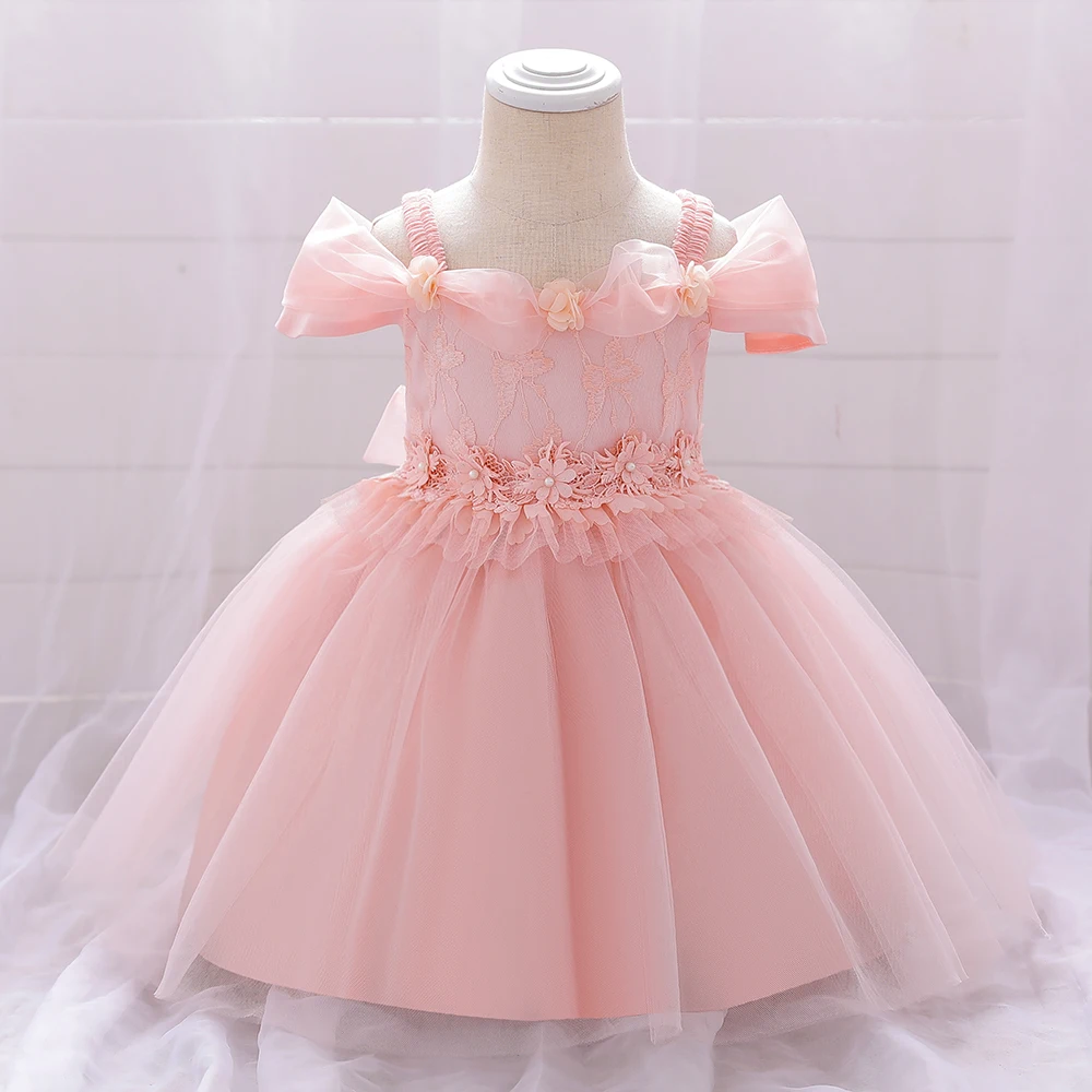 New Infant Baby Girl Dress Petals Tulle Baptism Dresses for Girls 1 Year Birthday Beading Party Wedding Baby Clothing