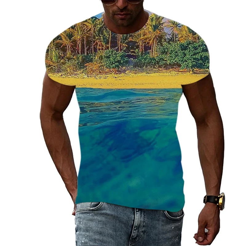 Summer Men Fashion Beach Scenery graphic t shirts Casual Interesting Scenery Print short sleeve t-shirts Hip Hop Harajuku tshirt