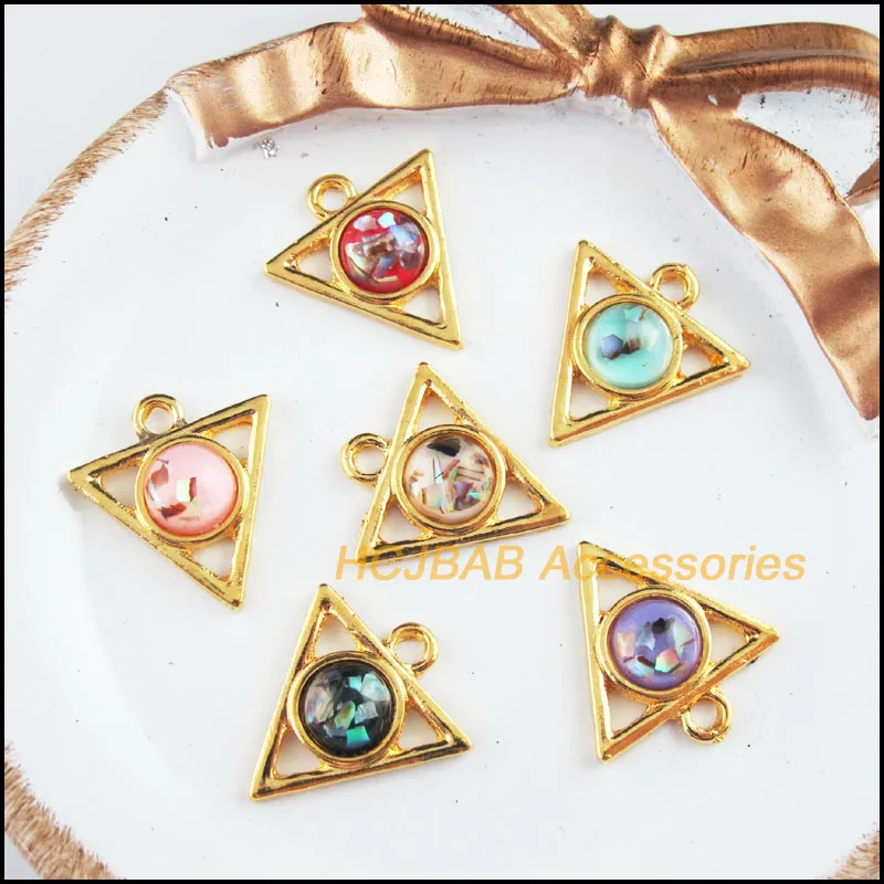 12 New Triangle Charms Gold Color Retro Mixed Resin Round Connectors 19.5x21mm