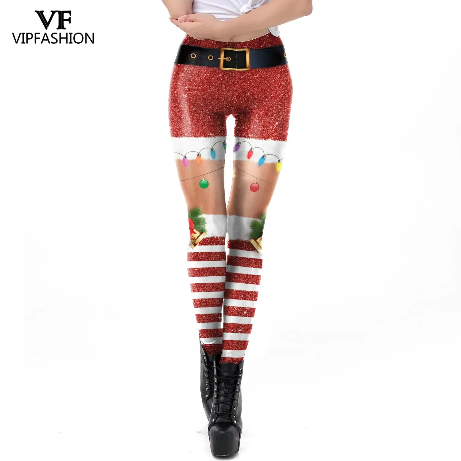 VIP FASHION Christmas Belt Leggings Gift Autumn Winter Festival Legging Women 3D Stripe Sexy High Waist Skinny Leggins