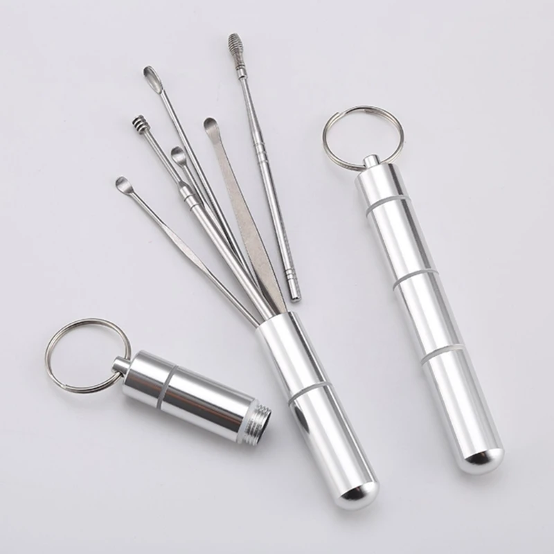 6-in-1 Pocket Ear Spoon Toothpicks Keychain With Portable Aluminium Alloy Bottle Ear Pick Set Reusable Keychain Pendant Dropship