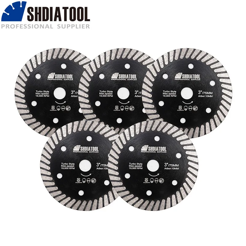 SHDIATOOL 5pcs Hot Pressed Diamond Ceramic Turbo Blade Tickness 1.1mm 75mm Cutting Discs Fast Cutting Speed For Porcelain Tile