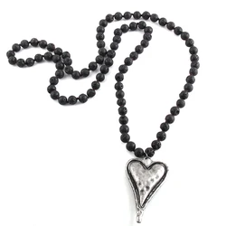 Fashion Bohemian Tribal Jewelry Black Lava Long Knotted Metal Heart Pendant Necklaces For Women