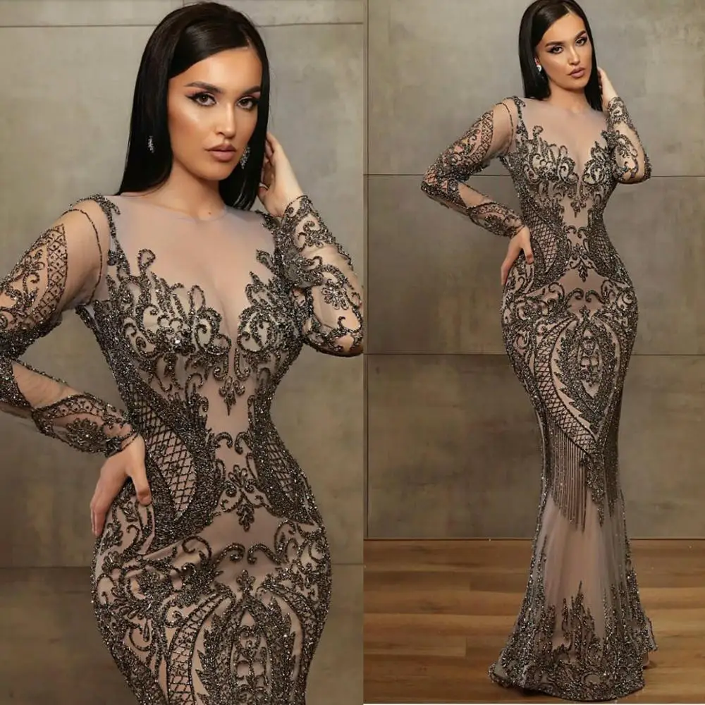 

Sexy Illusion Mermaid Prom Dresses Luxury Beading Long Sleeve Evening Gowns 2023 Lace Sequined Party Dress Vestidos Longo