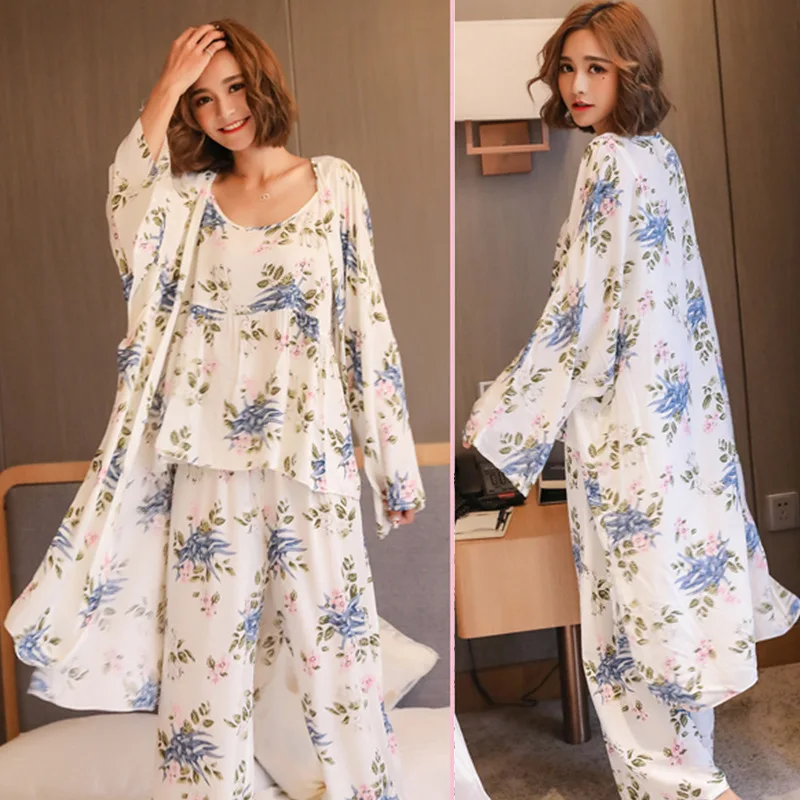 3 шт., Женская японская Пижама-кимоно, Хлопковая пижама, мягкая Домашняя одежда с цветочным принтом, Пижама для сна, пижамный комплект