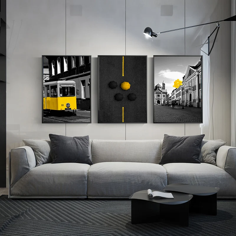 Black Yellow Train Umbrella Balloon Animation Cartoon Canvas Painting Art Print Poster Wall Decor Picture Child Bedroom Decora