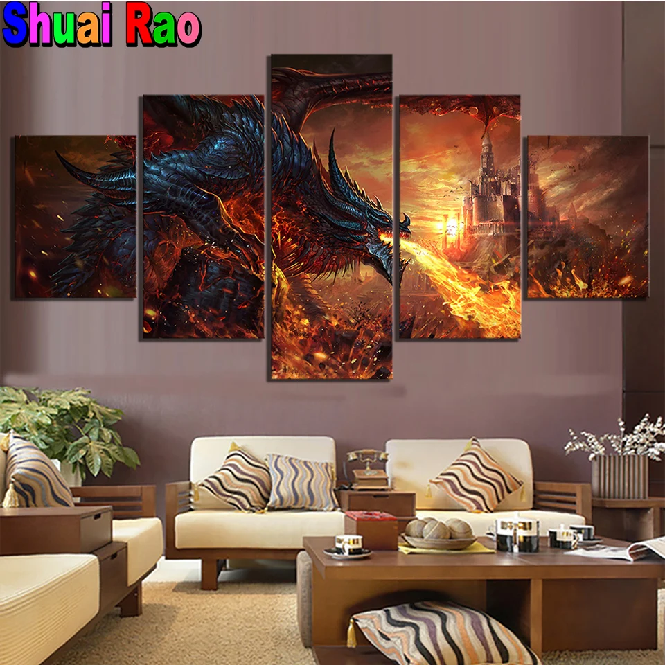 Fire Dragon Diamond painting 5 Panel Modular Wall Art full square round diamond embroidery mosaic Mythical Animal Home Decor