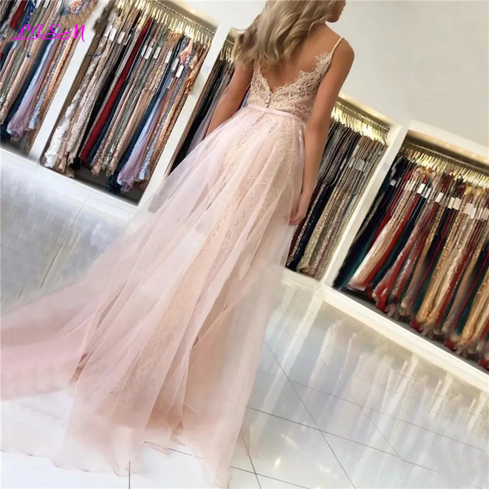 Lace Beaded Mermaid Evening Dresses 2020 Sexy V-Neck Long Tulle Prom Dress Elegant Overskirt Formal Party Gowns Vestido De Festa