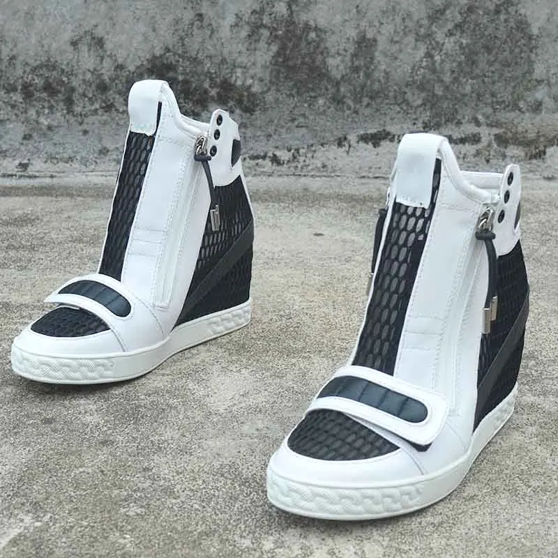 

Black White Leather Wedge Shoes Spring Autumn Hollow Zipper Height Increasing Ankle Boots Rubber Sole Casual Shoes