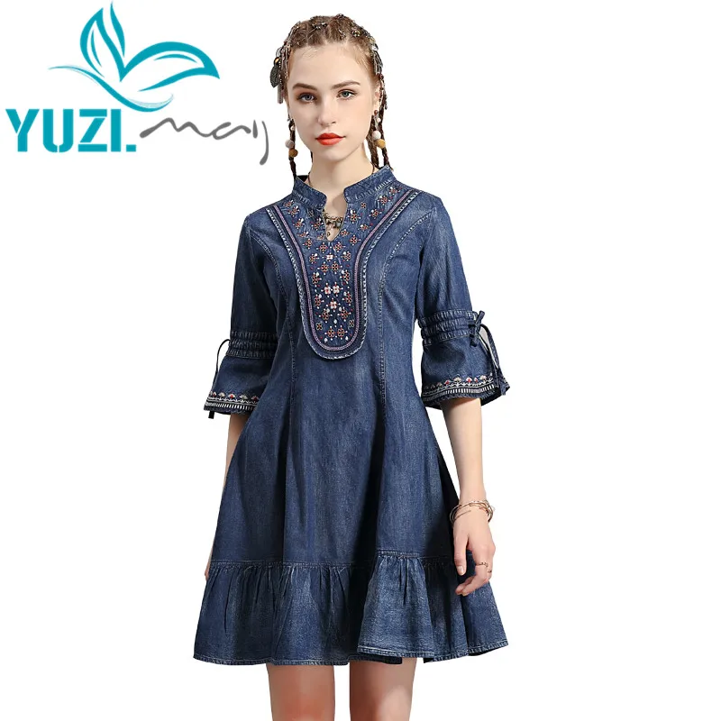 

Summer Dress 2020 Yuzi.may Boho New Denim Women Dresses V-Neck Half Flare Sleeve Vintage Embroidery Vestidos Female A82223