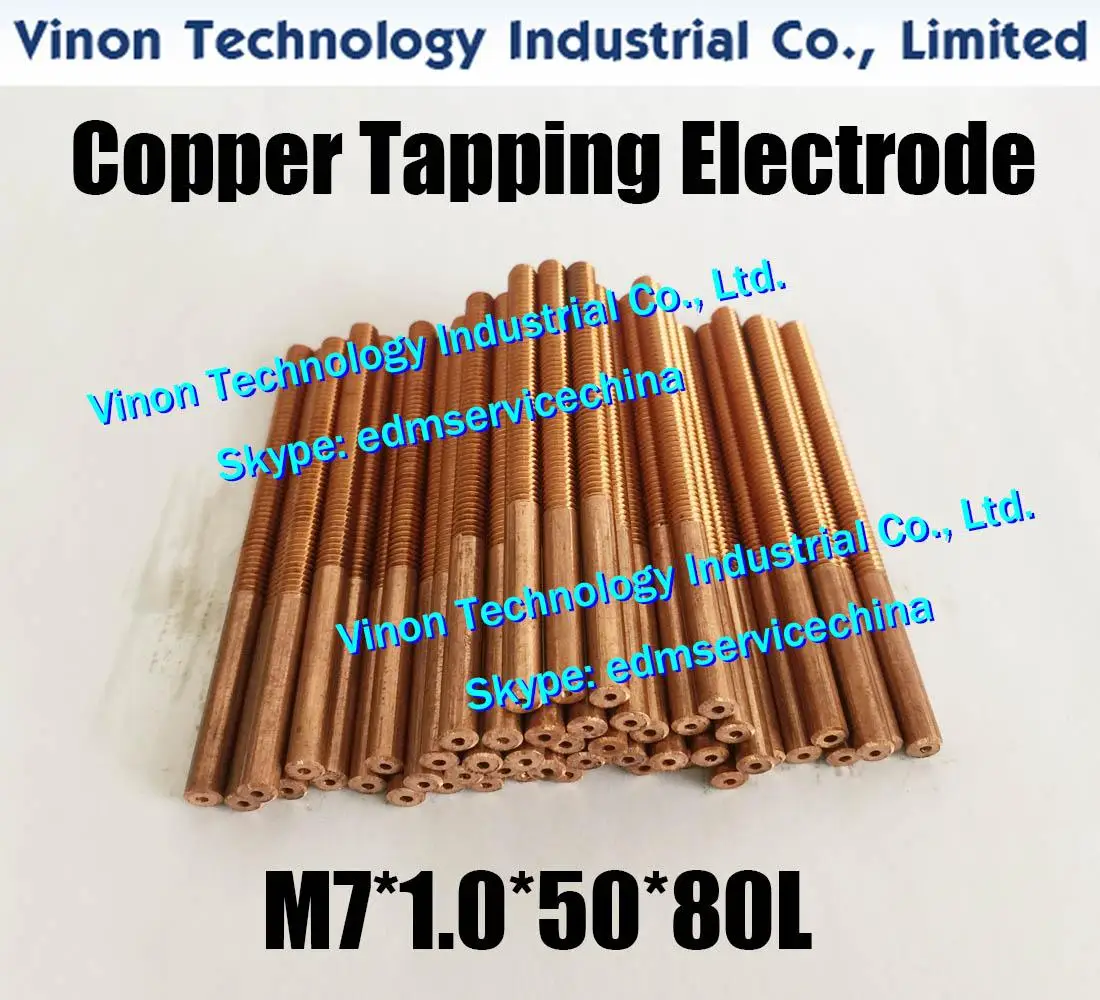(10pcs/lot) M7*1.0*50*80mm Copper Tapping edm Electrode M7 for Sink Erosion. thread pitch 1.0mm, thread length 50mm without hole