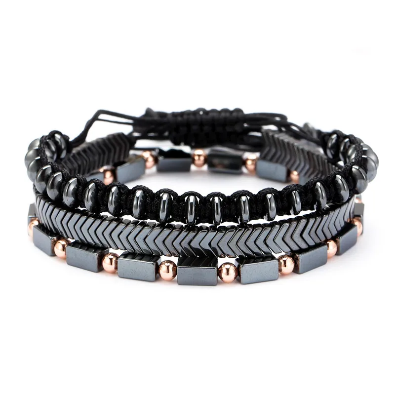 Women Men 3Pcs/Sets Adjustable Bracelet Braided Natural Hematite Stone Geometry Bead Bracelet Bangles Sets Pulseira Masculina