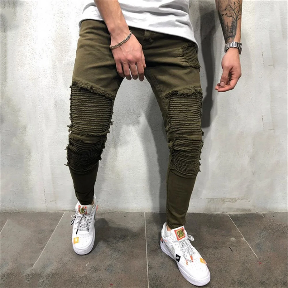 Pantalones vaqueros de Stiletto verde militar de verano para hombre, con agujeros rasgados, rayas onduladas arrugadas decoradas, pantalones