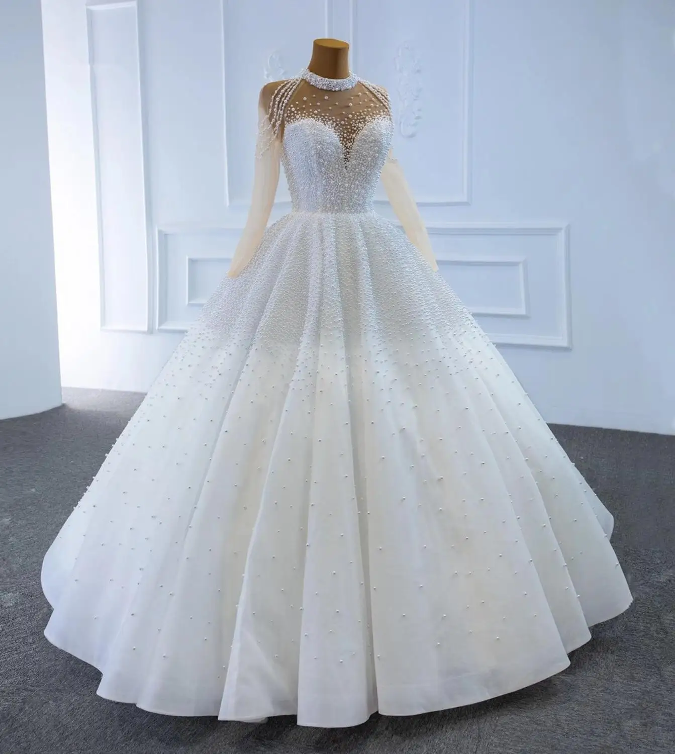 2023 Sheer High Neck Ball Gown Wedding Dresses Princess Wedding Gowns Bride Pearls Beading Custom Make Plus Size Wedding Dresses