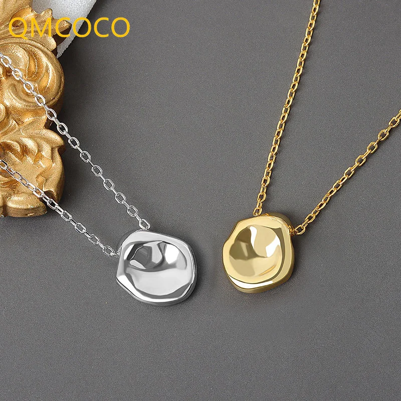 QMCOCO Silver Color Irregular Geometry Glossy Concave Necklace Woman Trendy Simple Pendant Woman Girl Delicacy Neck Accessory