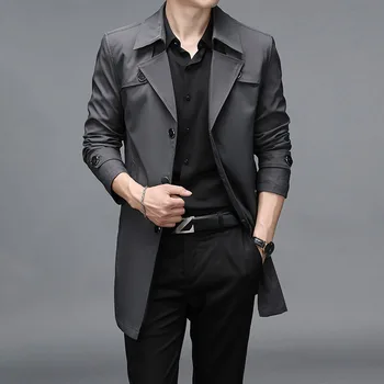 Men's Long Button Trench Coat 4 Men Long Trench Coats Hight Quality Button Windbreaker Mens Fashion Turn Down Collar Solid Trench Outerwear Jackets Plus Size 4