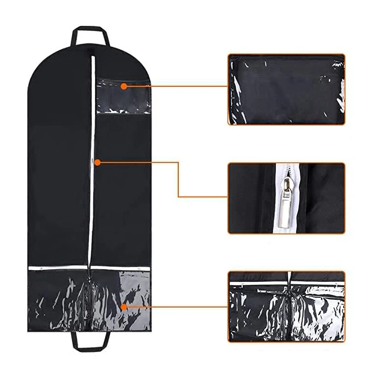 Black Suit and Dress Travel and Storage Garment Bag With Two Zipper Pockets Durable Polyester Gusseted Protector Cover For Coat