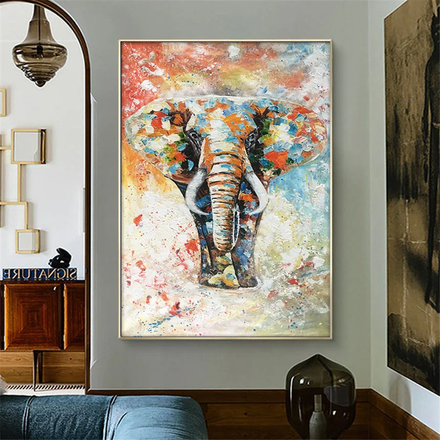 

Hand-Painted Oil Painting Modern Abstract Canvas Drawing Animal Ivory Poster Migration Asian Elephant Home Decoration Wall Art