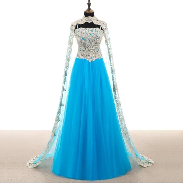 Vestidos de Noche de Arabia Saudita azul claro 2019, encaje de cuello alto de tul elegante para fiesta marroquí, vestidos formales musulmanes largos con capa