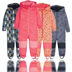 2024 new 2-10 year old children's soft shell jumpsuit for boys and girls plus fleece jumpsuit windproof and rainproof