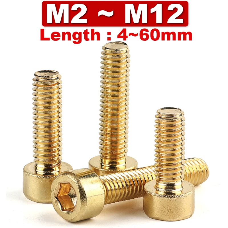 

DIN912 [ M2 M2.5 M3 M4 M5 M6 M8 M10 M12 ] Pure Brass Hex Hexagon Socket Cap Head Screws Allen Copper Machine Bolts Cup Head C006