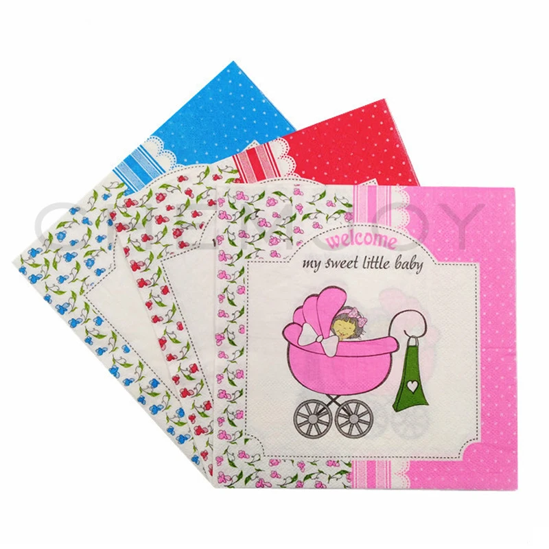 20 Sheets Decoupage Baby Shower Paper Napkins for Decoupage Disposable Decorative Baptism Gender Reveal Party Tissue Tableware