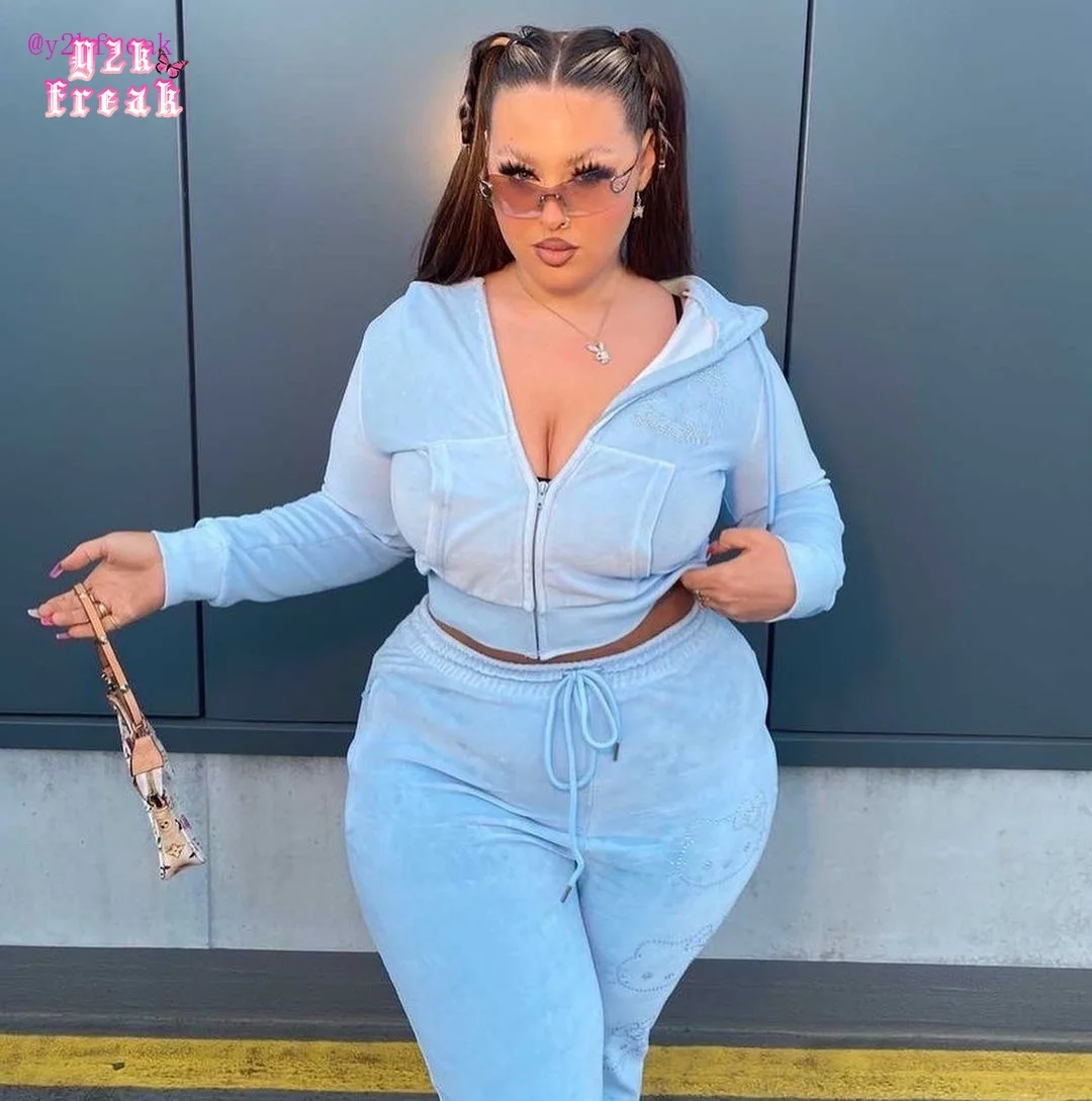 Y2K KT Cat Baby Blue Tracksuits Women Velour Suit 2021 Winter Hoodies Suit Long Sleeve Zipper Sweatshirt and Pants 2pcs Set