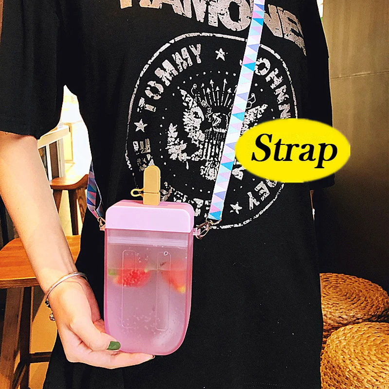 300ml Cute Water Bottles with Straws and Lanyard Creative Ice Cream Popsicle ShapeJuice Drinking Bottles For Adult Children