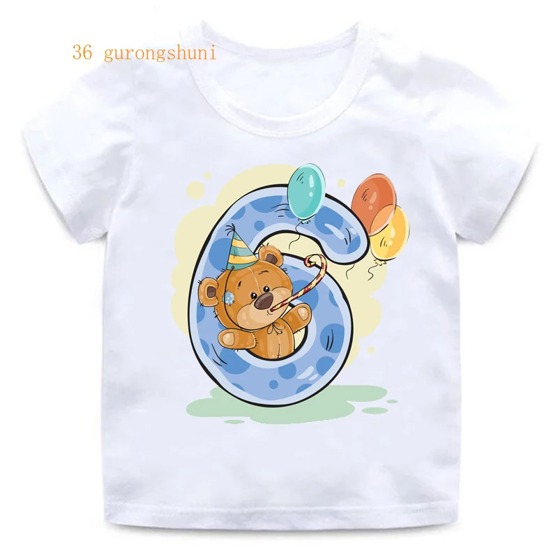 Boy Girl Birthday Bear Number 12 3 4 8 9 Bow Print T shirts Baby cute Cartoon Funny Round Neck Girls T-shirt Best Birthday Gift