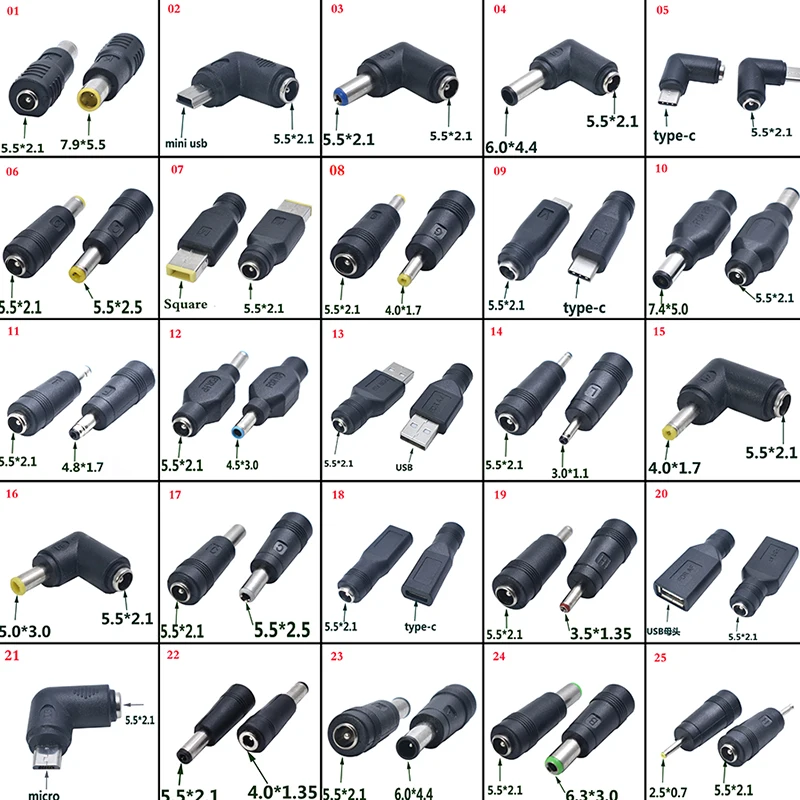 Connecteur DC 5.5x2.1mm femelle vers 2.5 × 0.7, 3.0 × 1.1, 3.5 × 1.35, 4.0 × 1.7, 4.8 × 1.7, 1 pièce adaptateur d\'alimentation mâle pour ordinateur