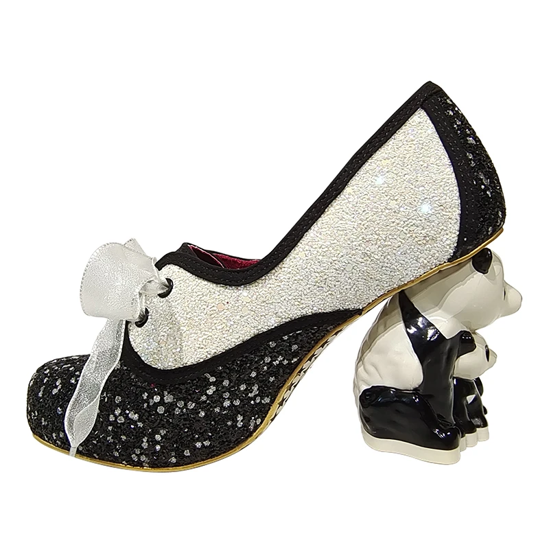 Novelty Panda-Shaped Strange Heel Banquet Shoes Woman Round Toe Platform Ribbon Lace-Up Sequins Pumps Women Spring