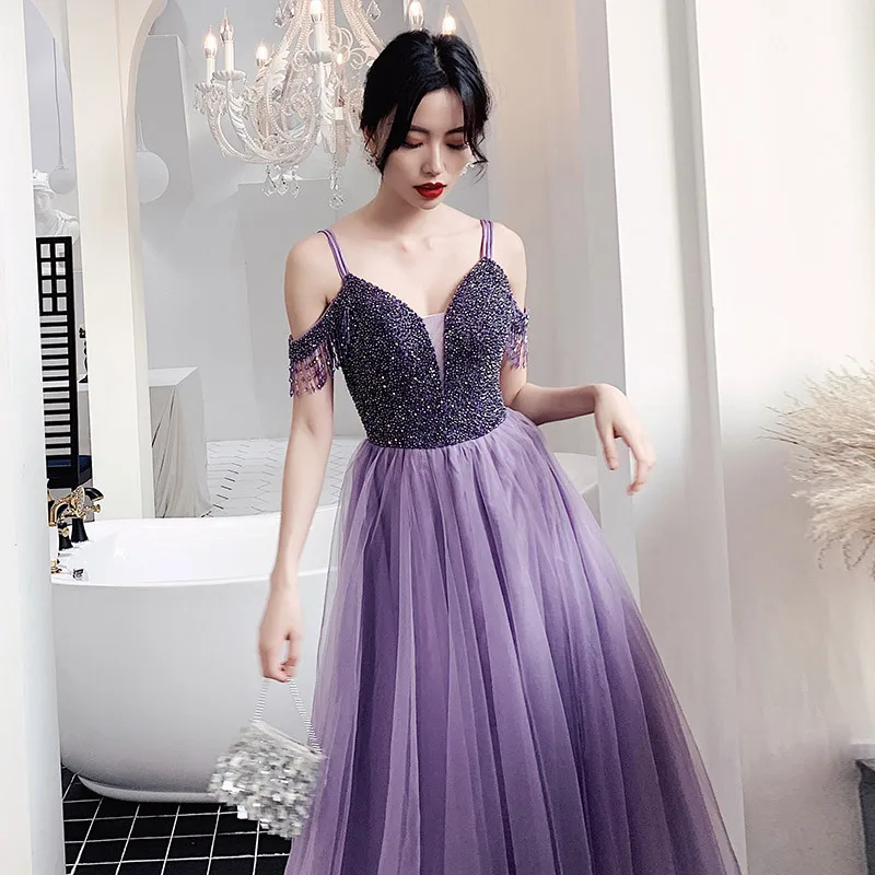 JaneVini – robe de bal longue violette, charmante, col en V, sans manches, perles, Tulle, longueur au sol, ligne A, robes de fête pour femmes, 2020