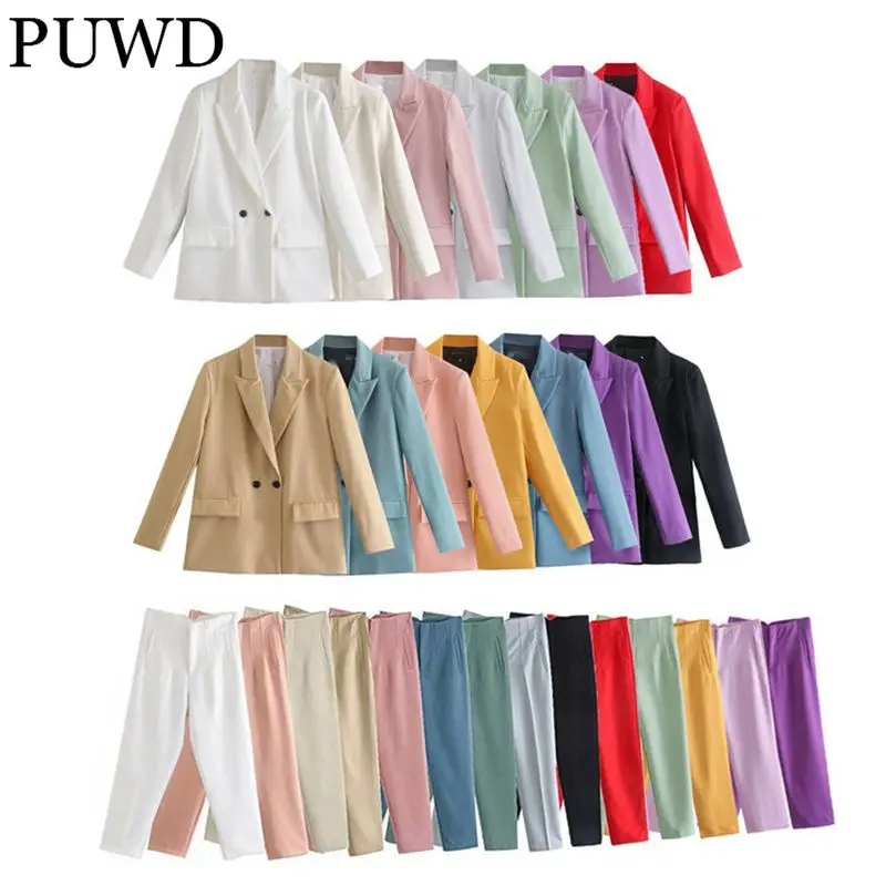 

PUWD Casual Women High Waist Office Pants Suits 2022 Autumn Fashion Ladies Double Breasted Blazer Two Piece Sets Female Chic Set