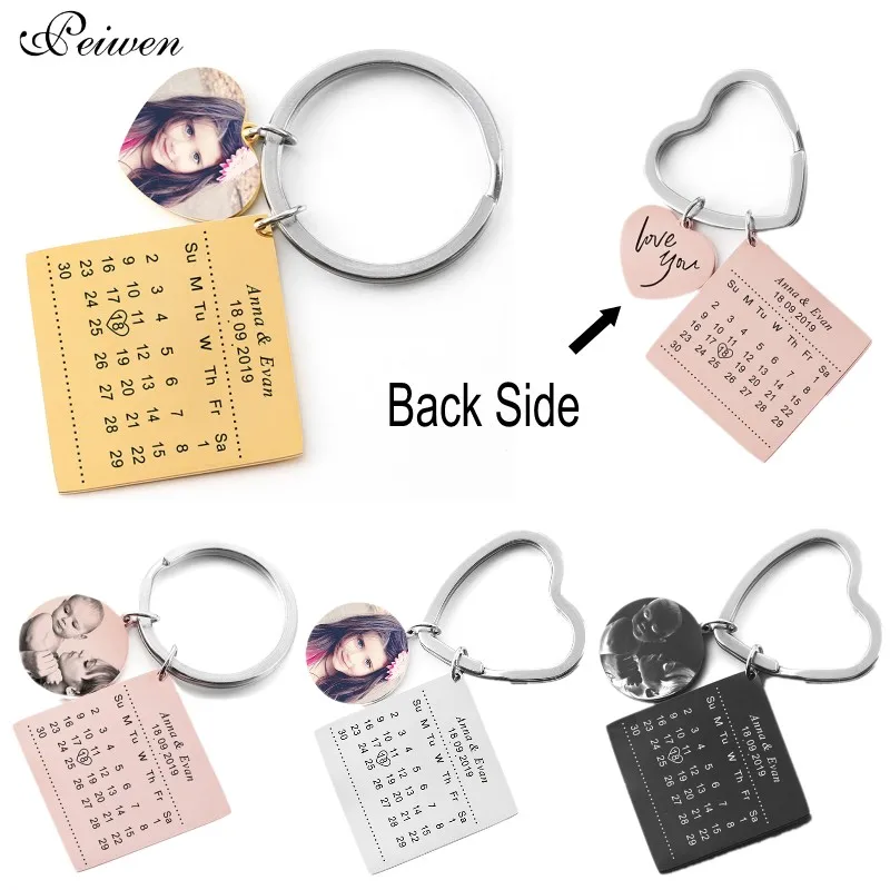 Personalized Keychain Cycle Stainless Steel Private Custom Photo Calendar Engrave Photo Name Calendar with Heart Date Keyring