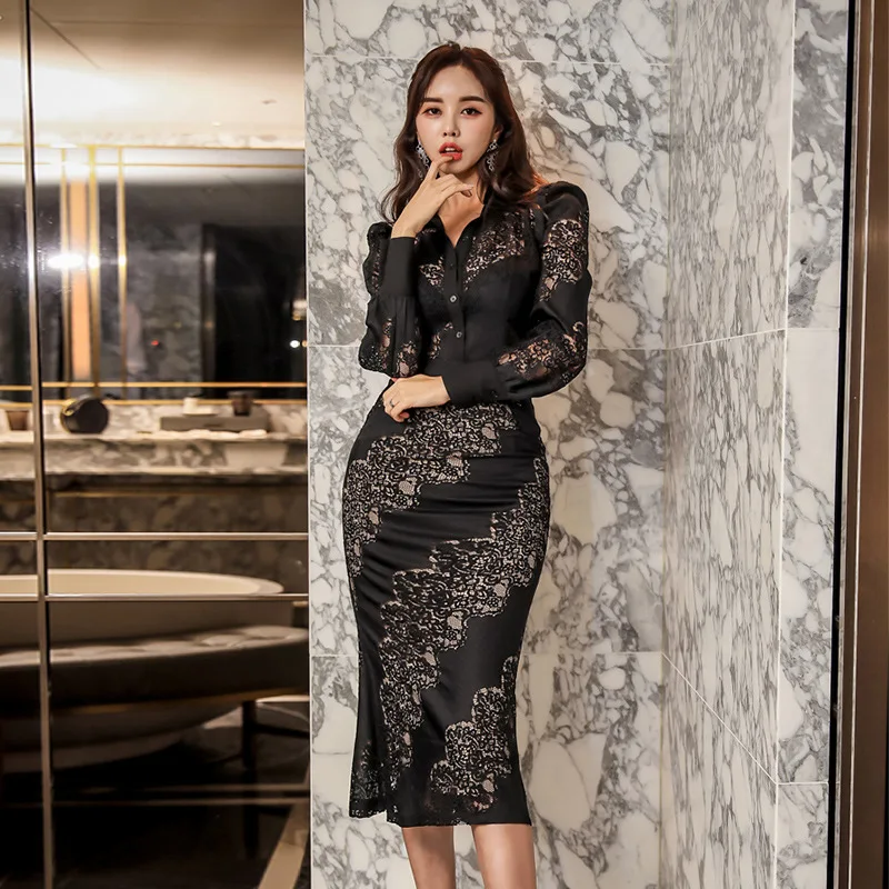 

Women Black Lace Patchwork Blouse and Empire Midi Skirt Ladies 2 Piece Set Spring Streetwear Modis OL Work Office Two Piece Set