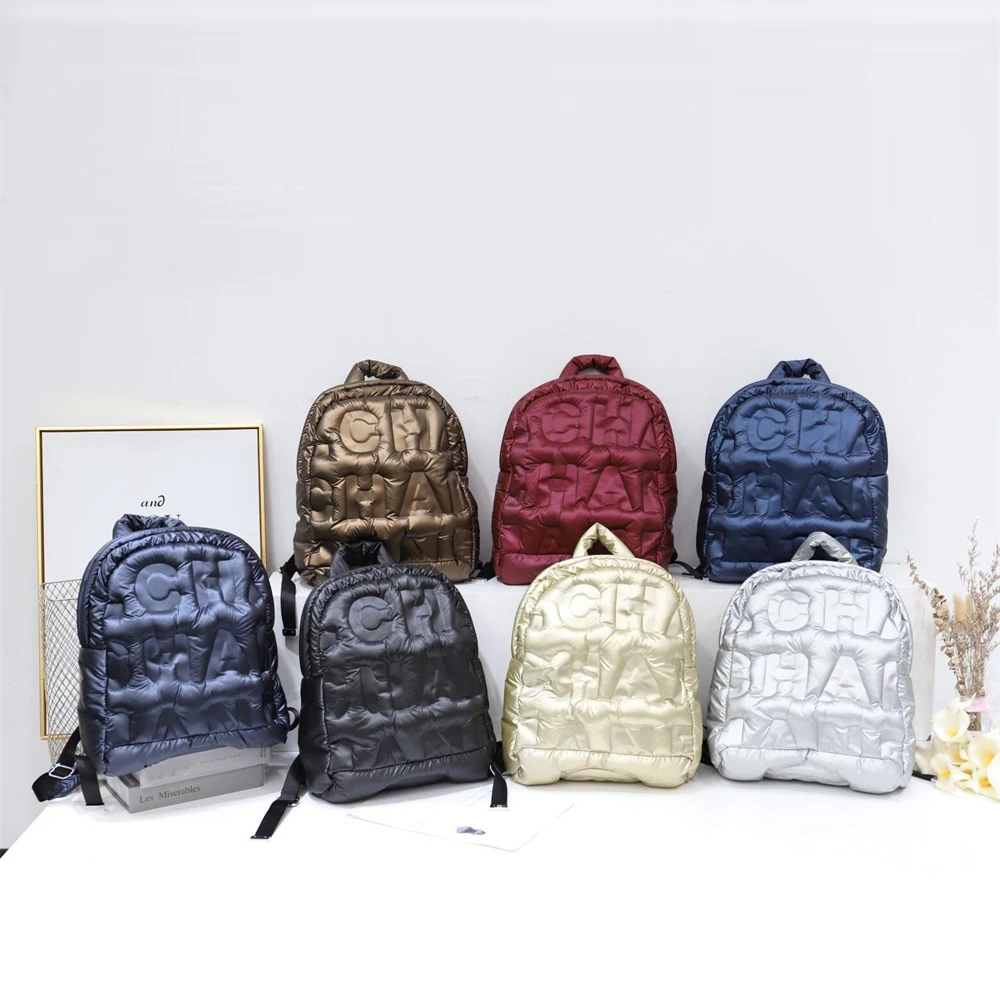 2021 Women Casual Backpacks Down Letter Printing Backpack Autumn Winter Style Korean Fashion Space Cotton Solid Color School Bag