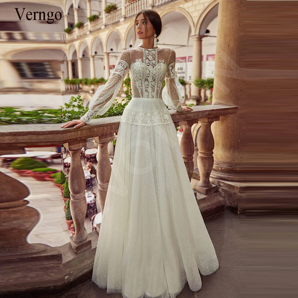 Verngo Elegant Boho Puffy Sleeve Dot Tulle Lace Wedding Dresses for Bridal Long Sleeve Vintage Buttons Back 2022 Bride Gown