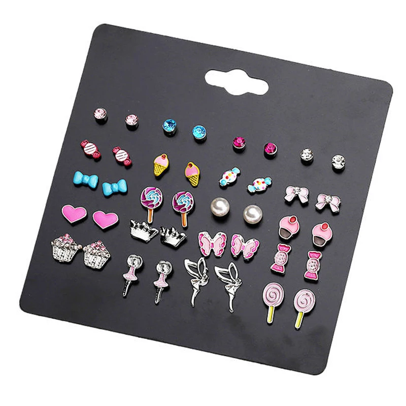 LUXSHINE 20 Pairs/lot Kids Stud Earring Set for Girls Cute Fruit Animal Ear Studs Owl Mushroom Leaf Heart Ladybug Apple Jewelry