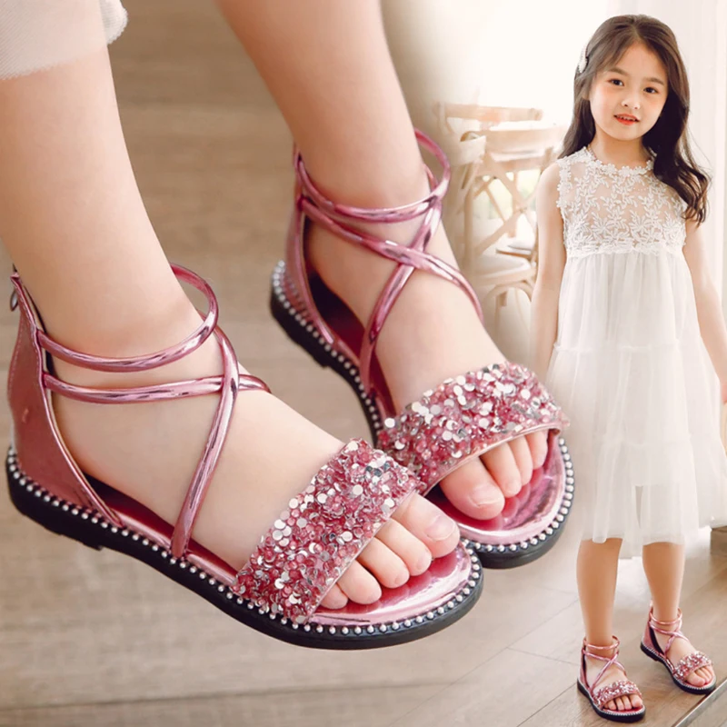 Sequin Summer Sandals for Girls Gold Birthday Party Shoes Kids Princess Shiny Zipper Sandals Flower Girls Gladiator Boho 4 years