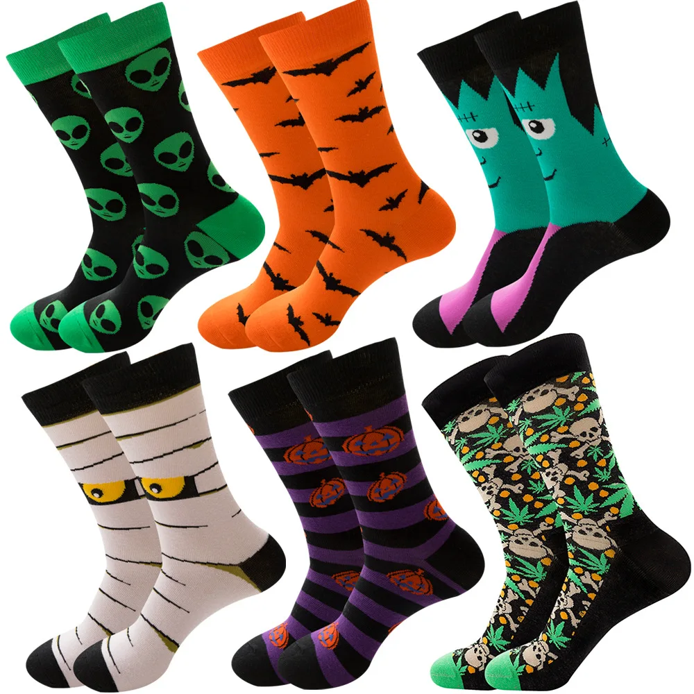 

Qisin 1Pairs Big Size Harajuku Men Socks Halloween Bats Pumpkin Cartoon Socks Unisex Fashion Knee-High Socks Cospaly Props Socks